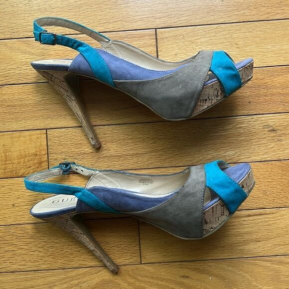 Guess Suede Multicolor Blue Gray Purple  Slingback Cork Heel Shoes  Sandals  8.5 - Picture 7 of 12